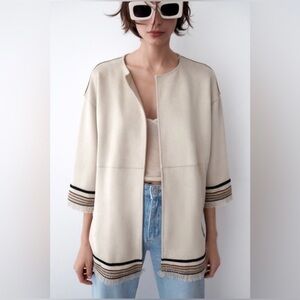 Zara Open Front Jacket Fringe Detail Size Small